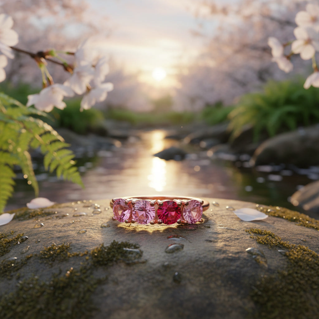 Pink Tourmaline Band Ring, Gradient Pink Tourmaline Ring 925 Sterling Silver