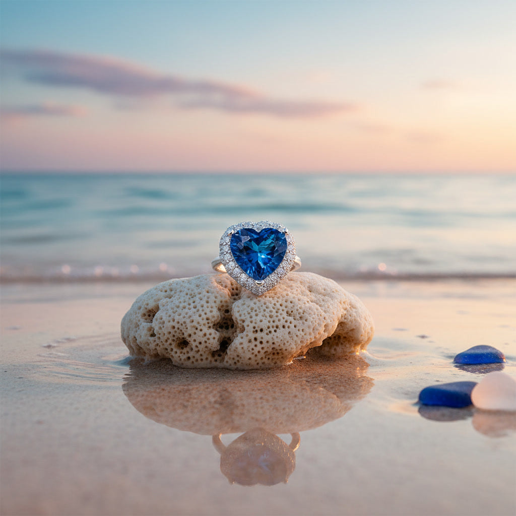 Natural London Blue Topaz heart ring featuring a 5.8 CT 10mm heart-cut gemstone surrounded by a sparkling cubic zirconia halo in sterling silver.