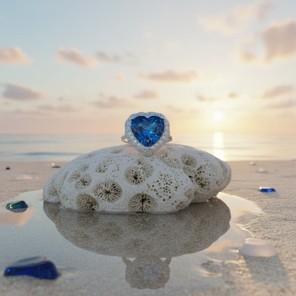 Natural London Blue Topaz heart ring featuring a 5.8 CT 10mm heart-cut gemstone surrounded by a sparkling cubic zirconia halo in sterling silver.