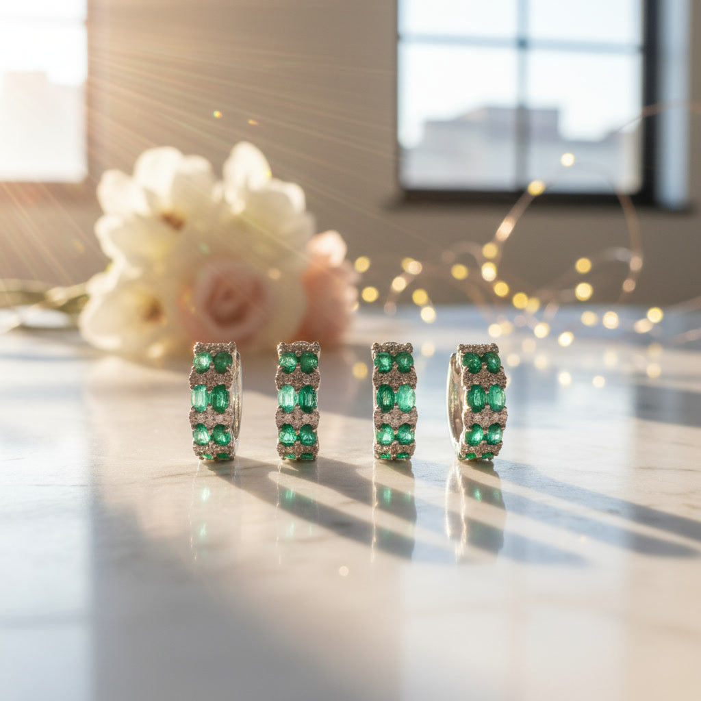 Natural Emerald Clip Earrings 3x4mm Platinum Plated Silver