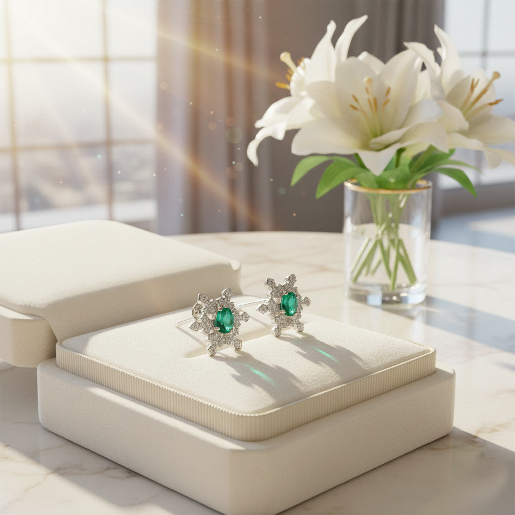 Zambian Emerald Snowflake Earirngs 3x4mm Platinum Plated