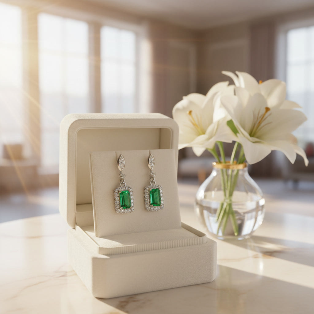 Emerald Cut Colombian Emerald Dangle Earrings 3x5mm