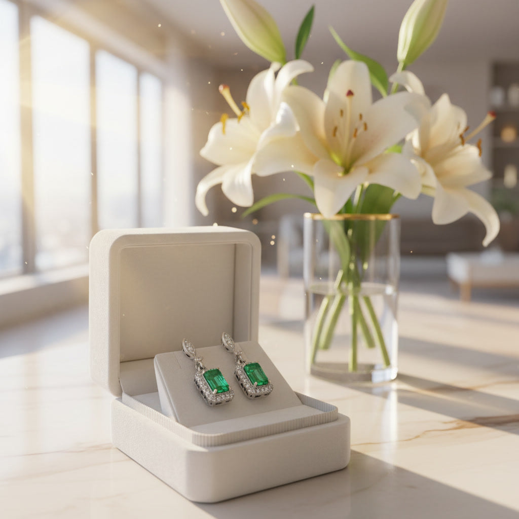 Emerald Cut Colombian Emerald Dangle Earrings 3x5mm