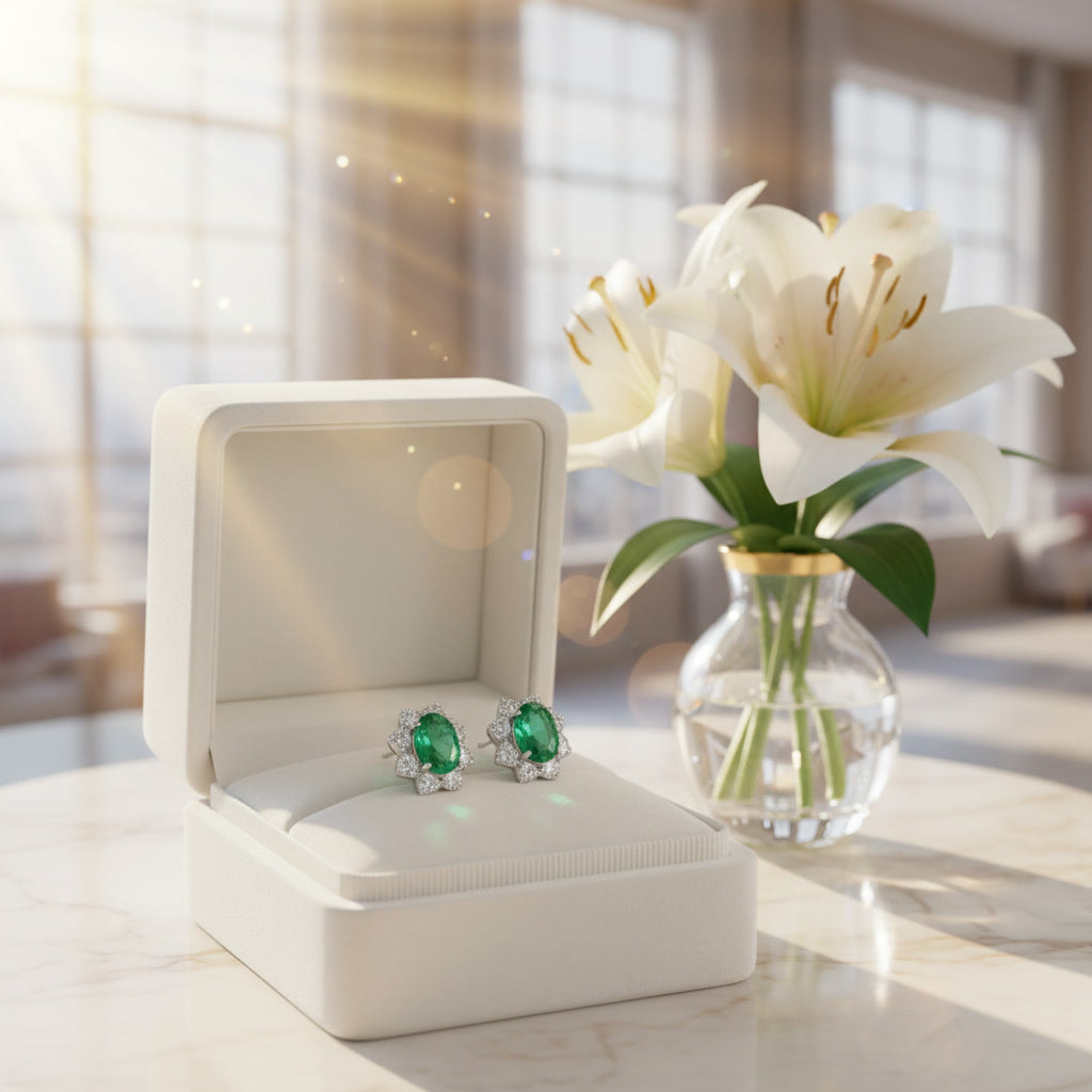 Natural 4x5mm Colombian Emerald Stud Earrings 925 Sterling Silver
