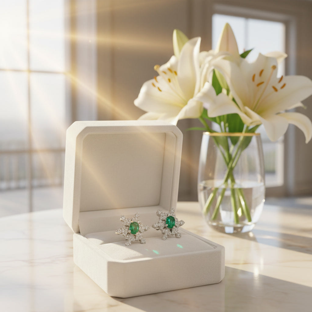 Zambian Emerald Snowflake Earirngs 3x4mm Platinum Plated