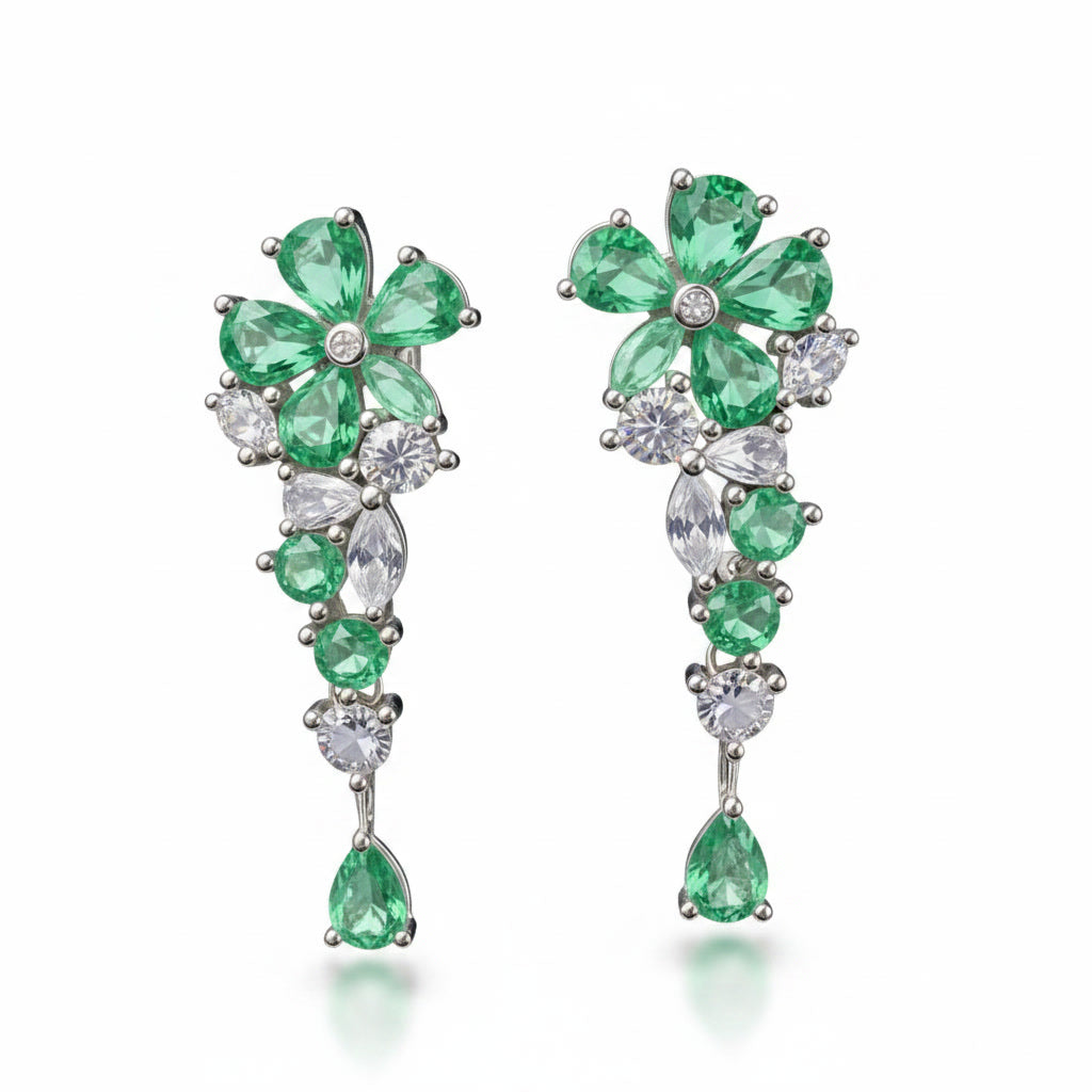 Colombian Emerald Flower Dangle Earrings, Women's Natural Emerald Earrings