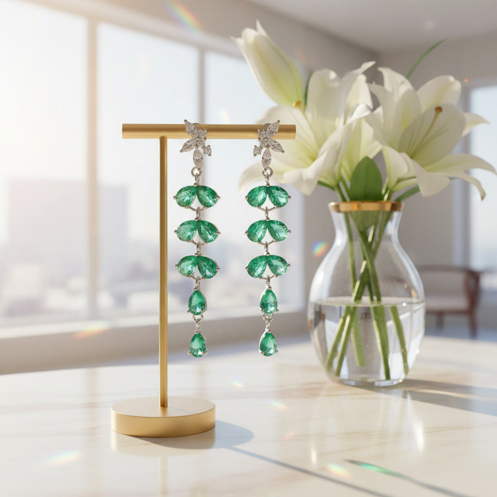 Natural Emerald Drop Dangle Leaflet Earrings 3x4mm