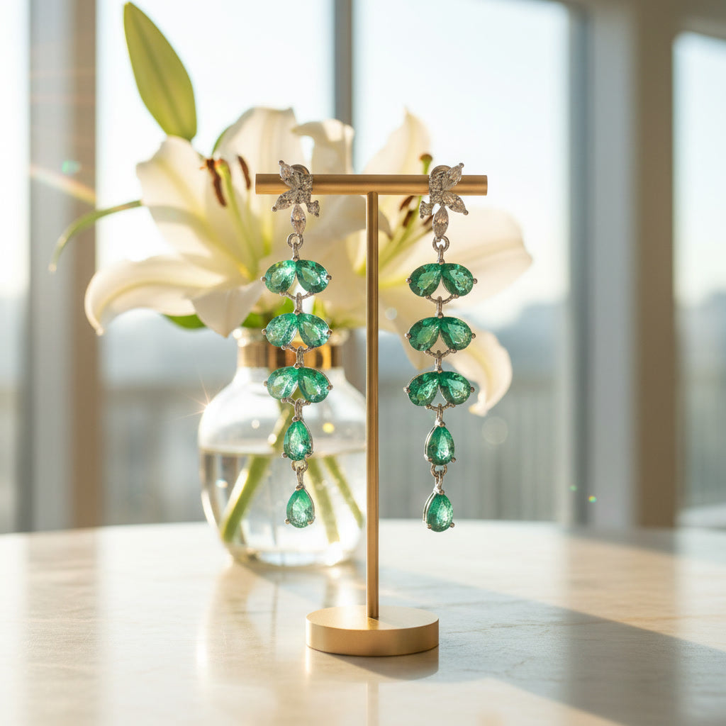 Natural Emerald Drop Dangle Leaflet Earrings 3x4mm
