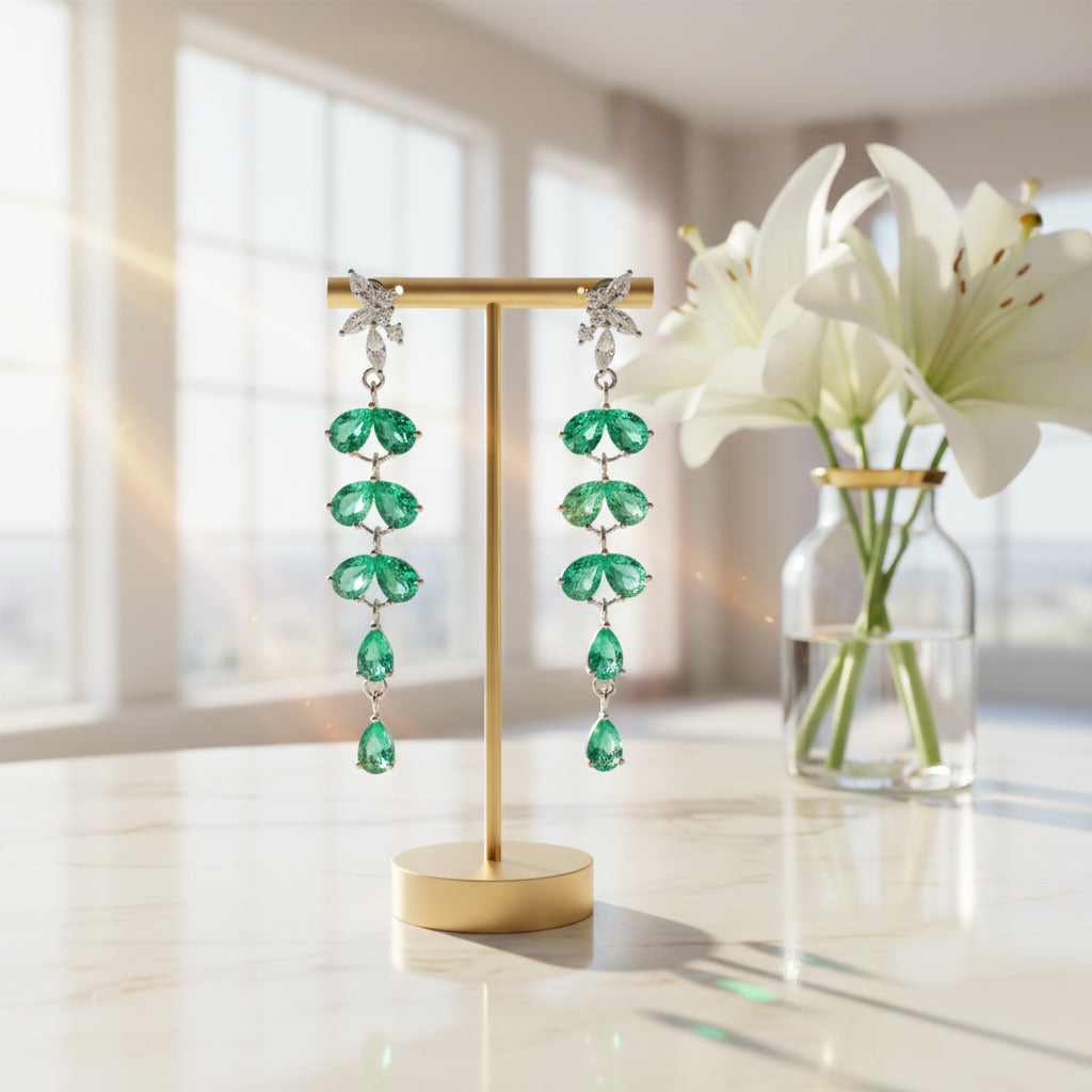 Natural Emerald Drop Dangle Leaflet Earrings 3x4mm