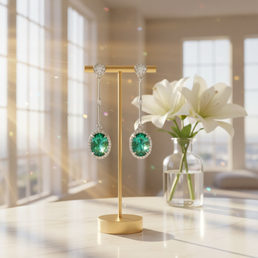 Emerald Drop Dangle Earrings 4x6mm 925 Sterling Silver with Platinum