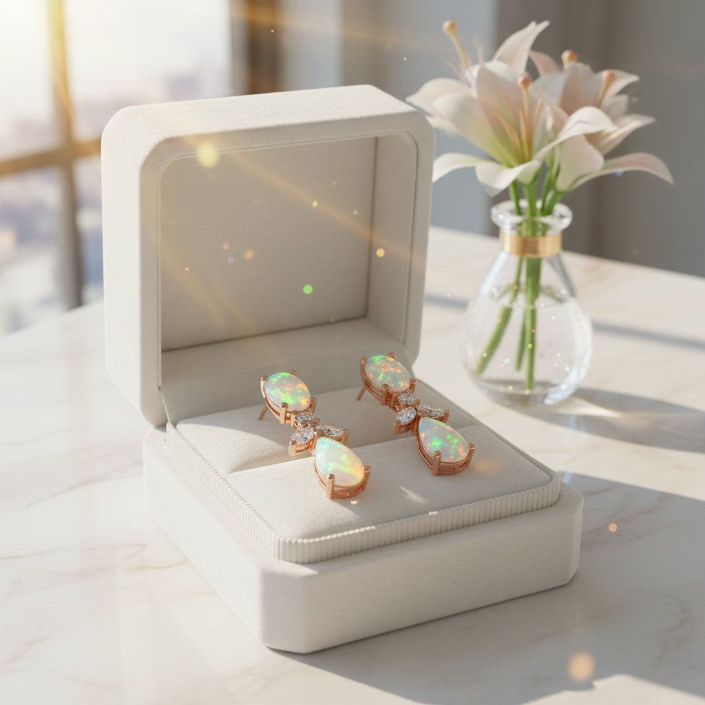 Elegant Opal Stud Earrings, Natural Fire Opal Drop Earrings 4x6mm