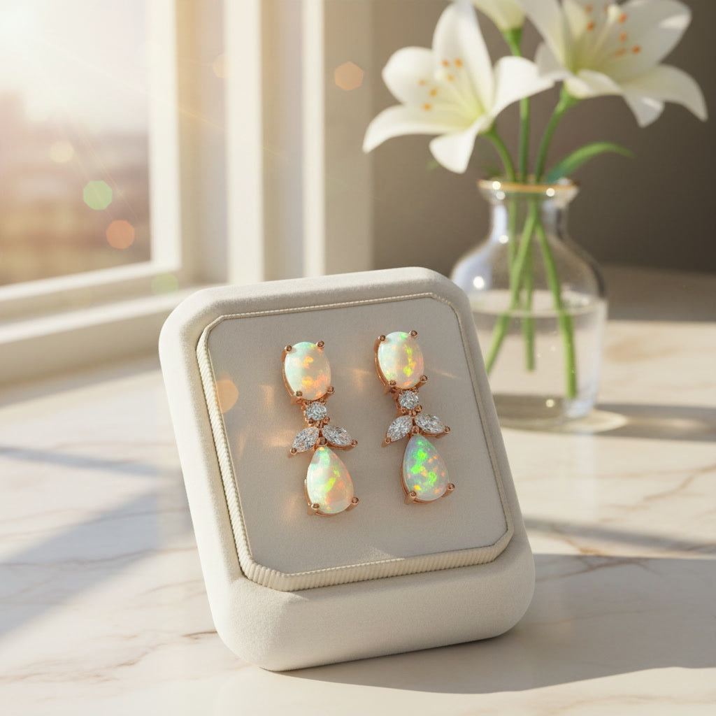 Elegant Opal Stud Earrings, Natural Fire Opal Drop Earrings 4x6mm