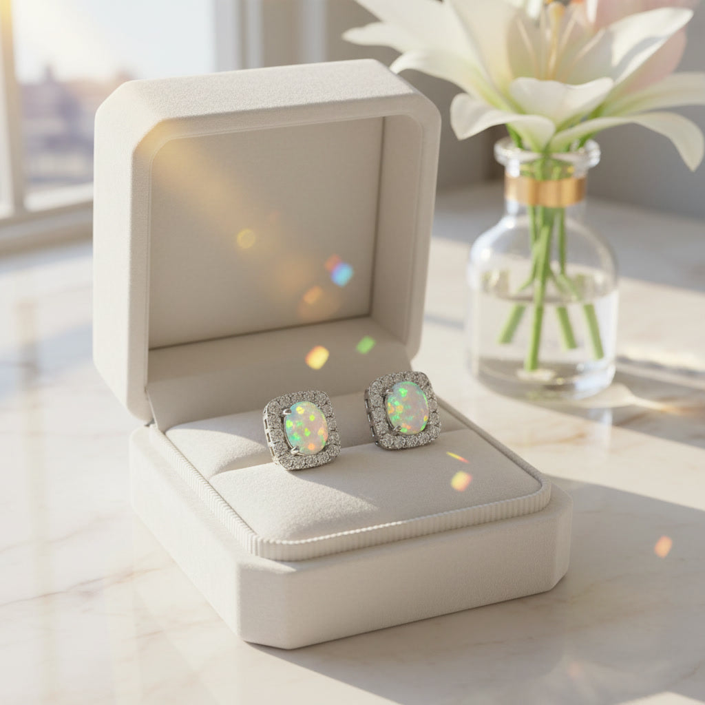 Australian Fire Opal Square Stud Earrings 4x5mm