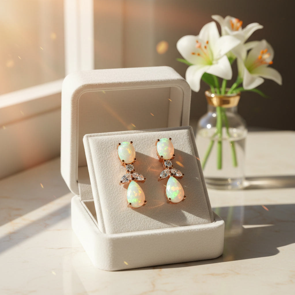 Elegant Opal Stud Earrings, Natural Fire Opal Drop Earrings 4x6mm