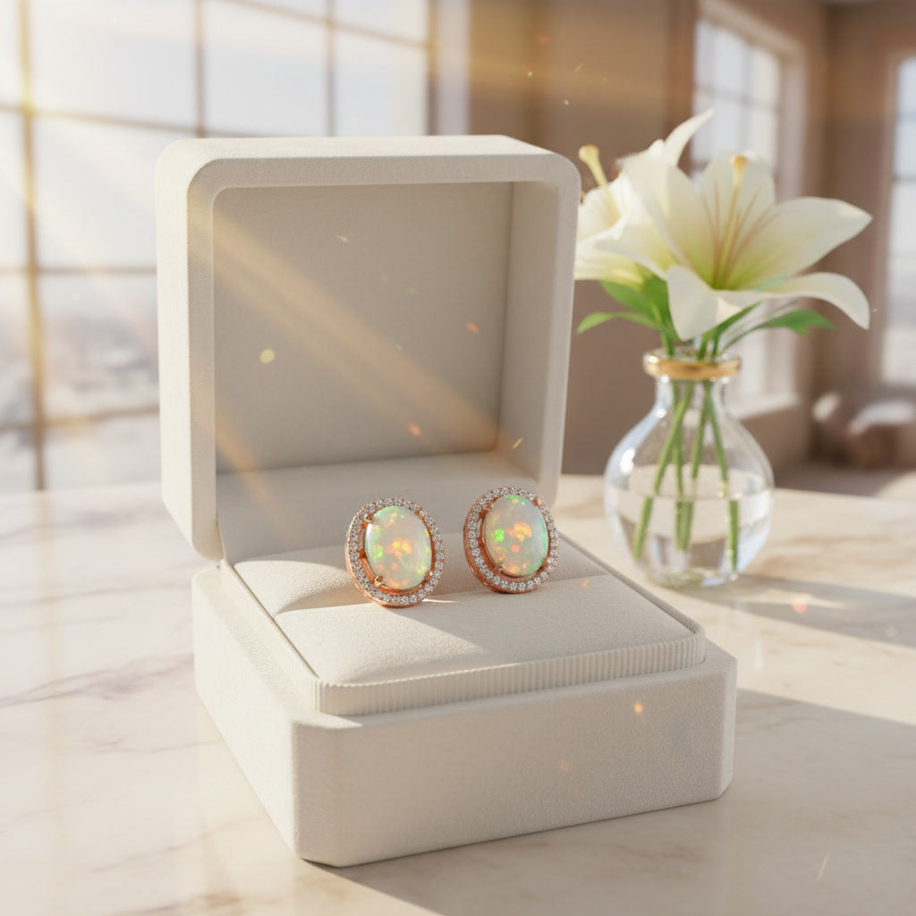 Australian Fire Opal Stud Earrings 8x10mm 925 Sterling Silver