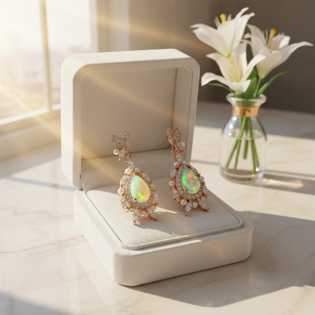 Fire Opal Dangle Earrings, Natural Fire Opal Dangle Earrings Sterling Silver