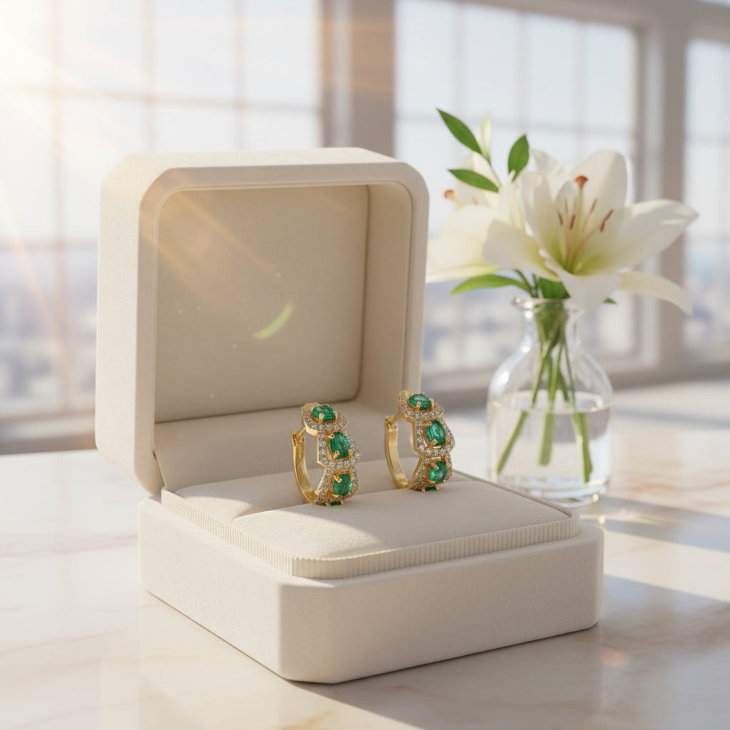 Natural Emerald Hoop Earrings 14k Gold Plated, Emerald Jewelry