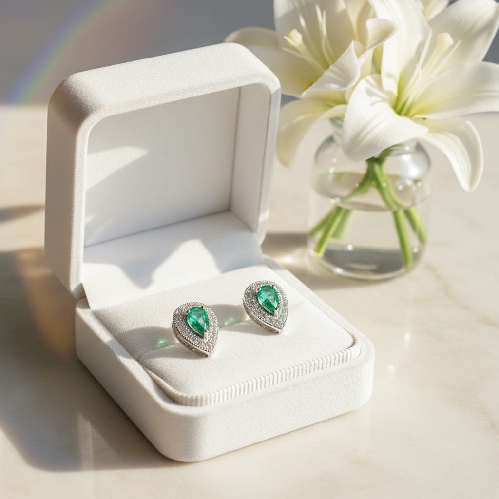 Colombian Emerald Stud Earrings Pear Cut 3x5mm 925 Sterling Silver