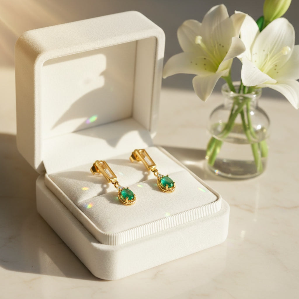 Dainty Emerald Dangle Earrings 3x4mm 925 Sterling Silver