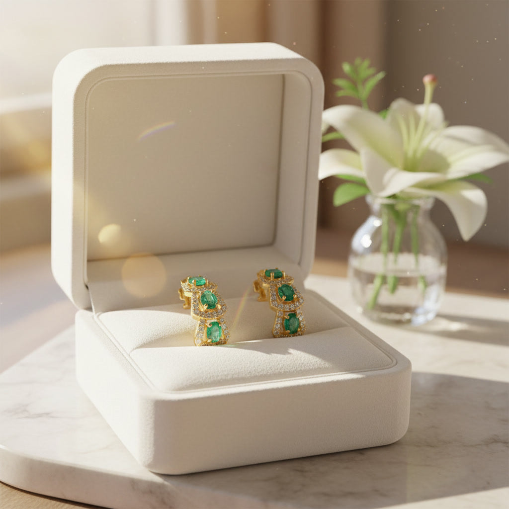 Natural Emerald Hoop Earrings 14k Gold Plated, Emerald Jewelry