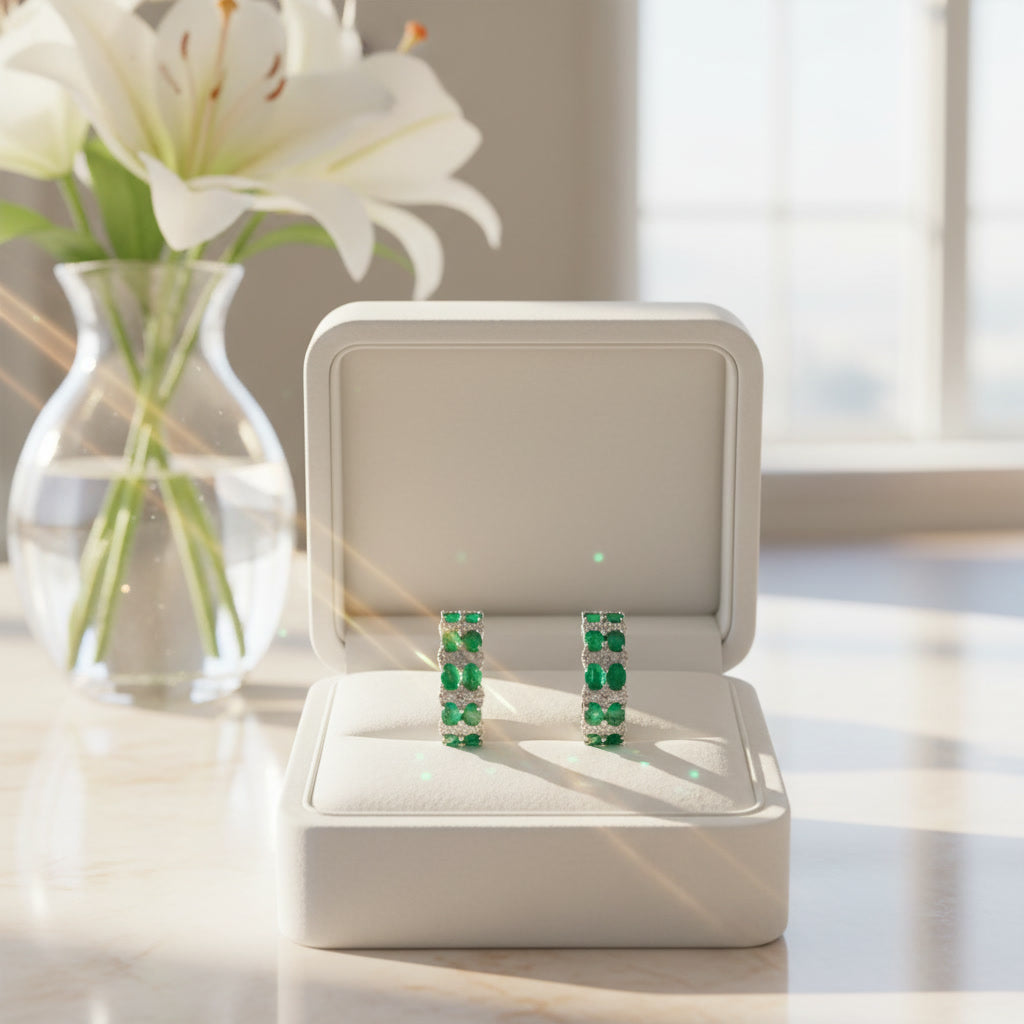 Natural Emerald Clip Earrings 3x4mm Platinum Plated Silver