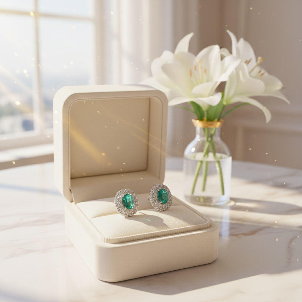 Emerald Cluster Stud Earrings 5x7mm Platinum Plated Silver