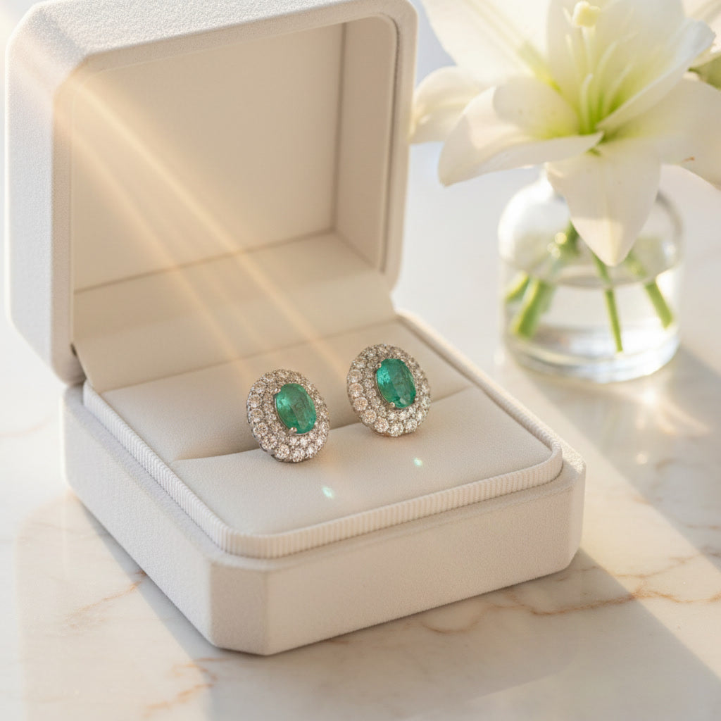 Emerald Cluster Stud Earrings 5x7mm Platinum Plated Silver
