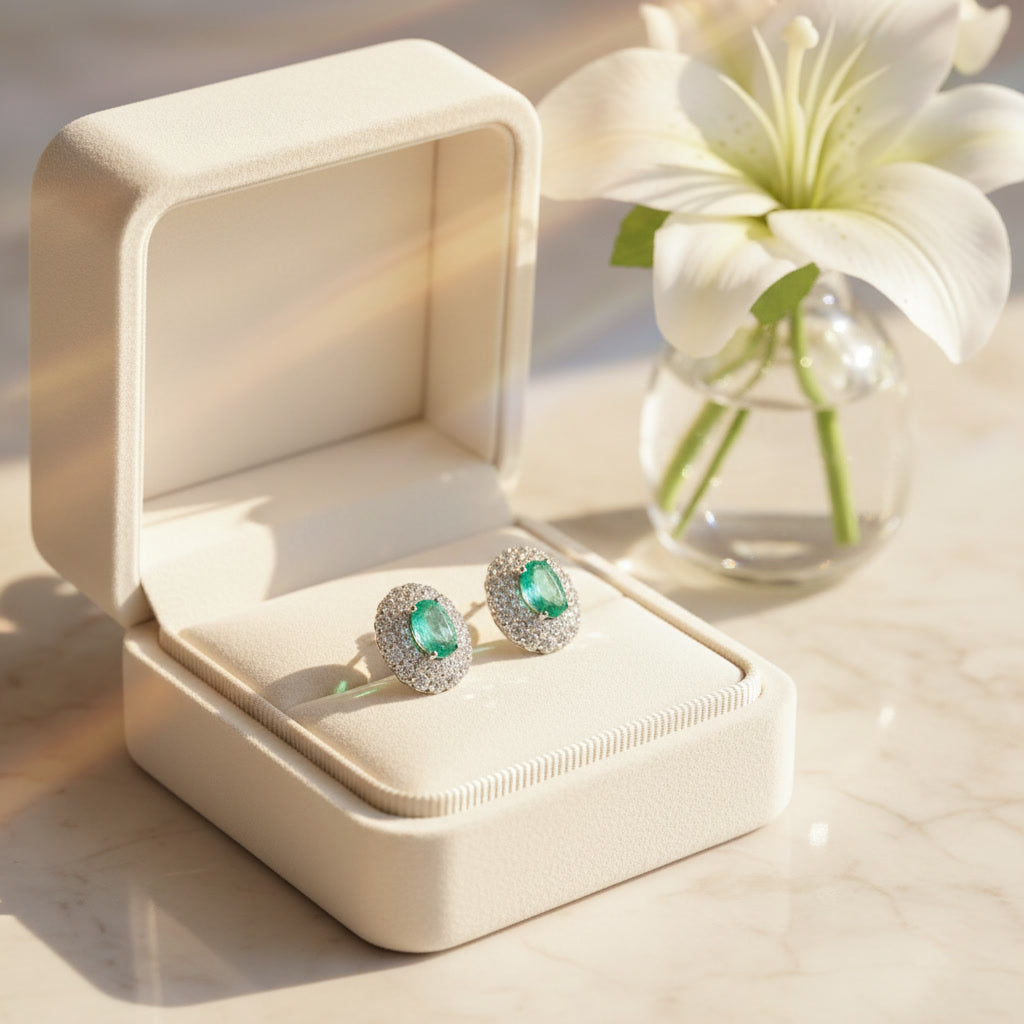 Emerald Cluster Stud Earrings 5x7mm Platinum Plated Silver