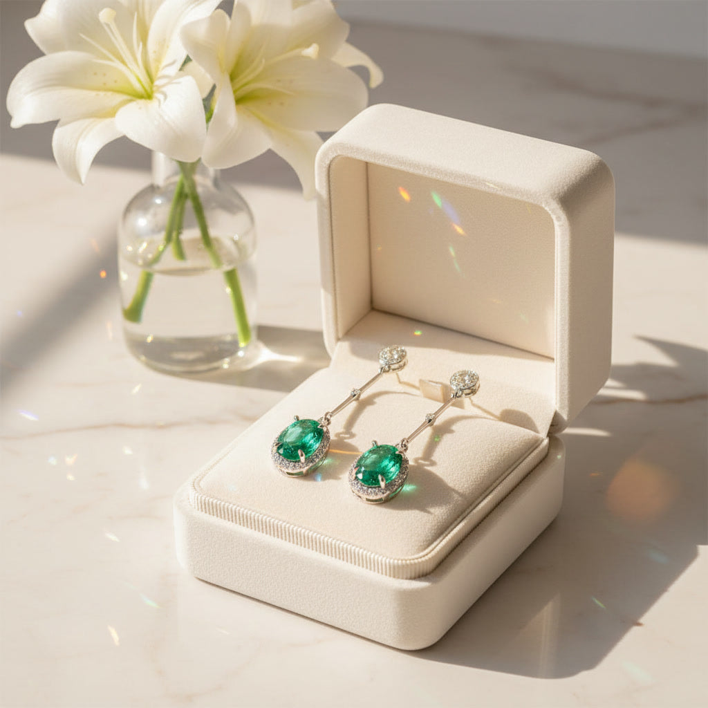 Emerald Drop Dangle Earrings 4x6mm 925 Sterling Silver with Platinum