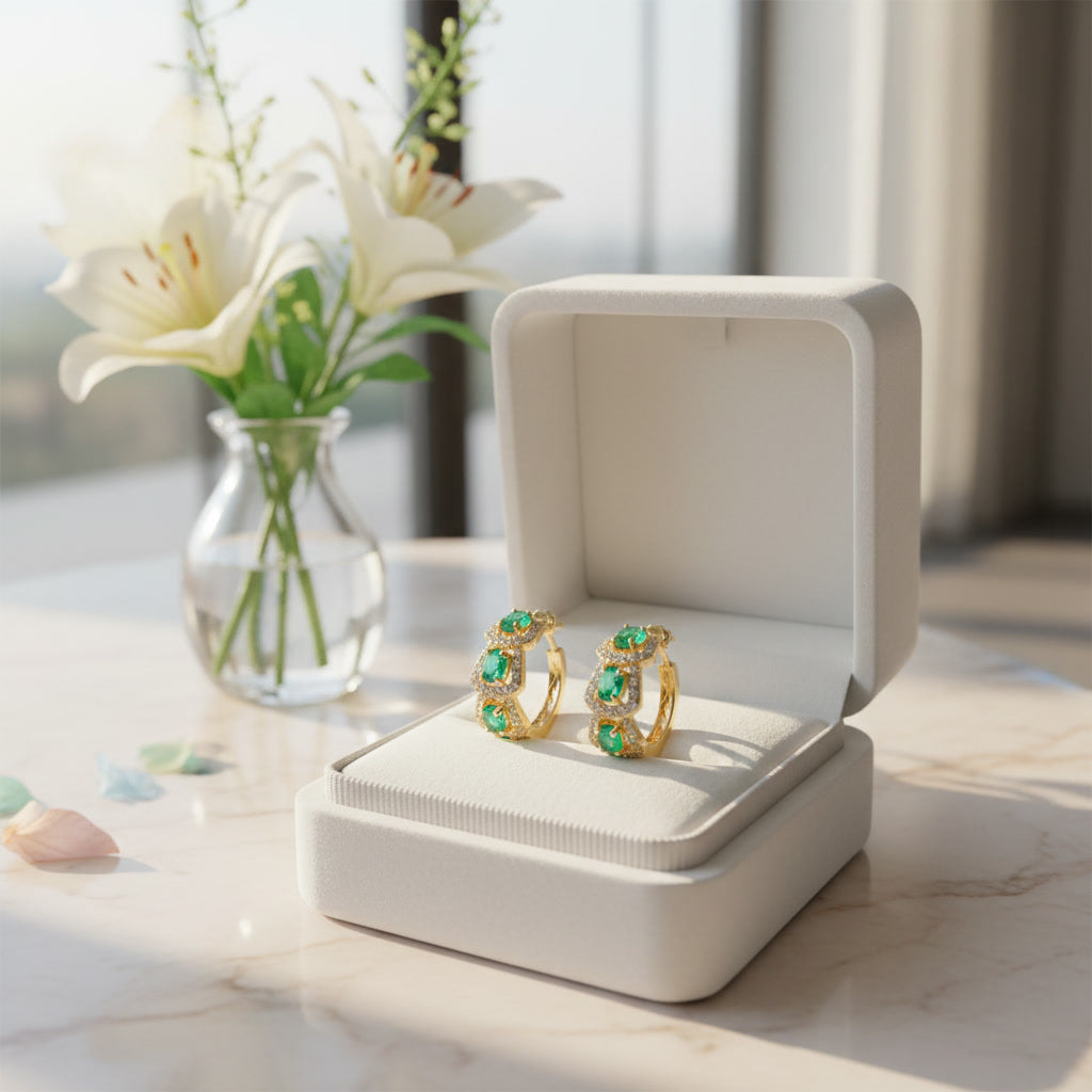 Natural Emerald Hoop Earrings 14k Gold Plated, Emerald Jewelry