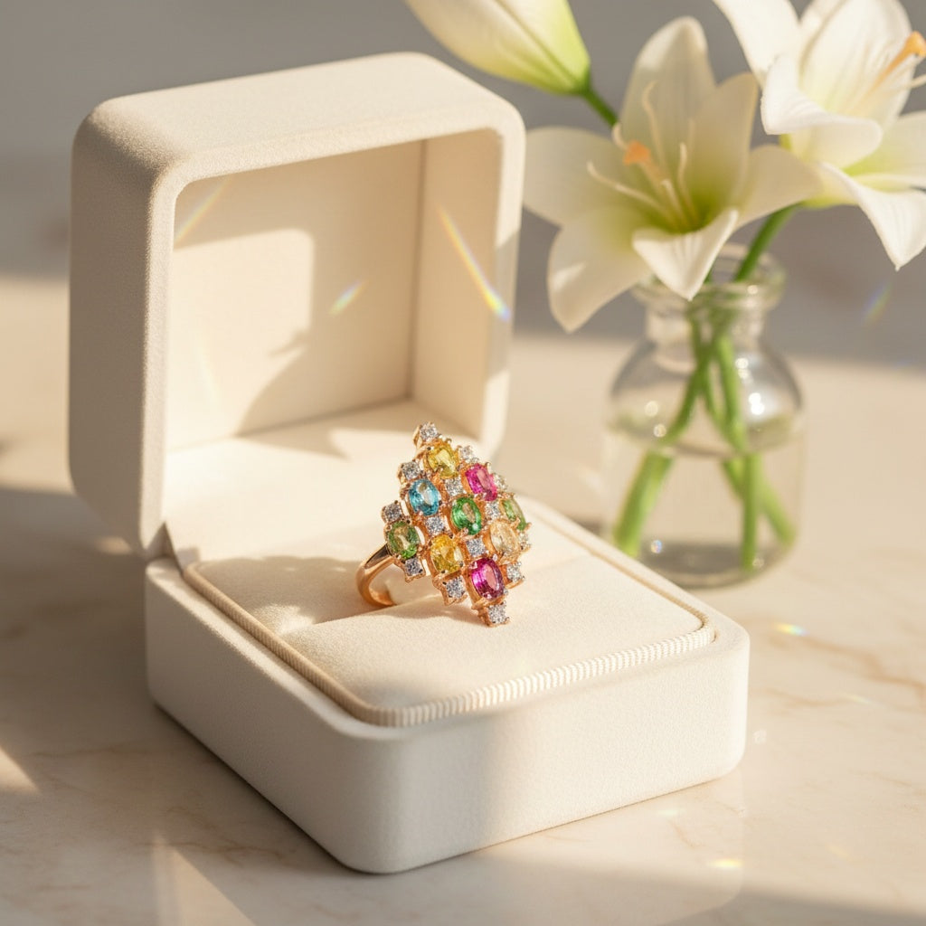 Natural Multi Tourmaline Cluster Statement Ring with 3x4mm colorful gemstones and cubic zirconia accents in 925 sterling silver with platinum plated finish by PHIMSERA