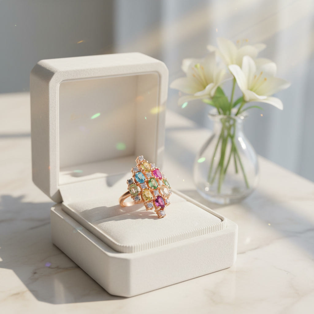 Natural Multi Tourmaline Cluster Statement Ring with 3x4mm colorful gemstones and cubic zirconia accents in 925 sterling silver with platinum plated finish by PHIMSERA