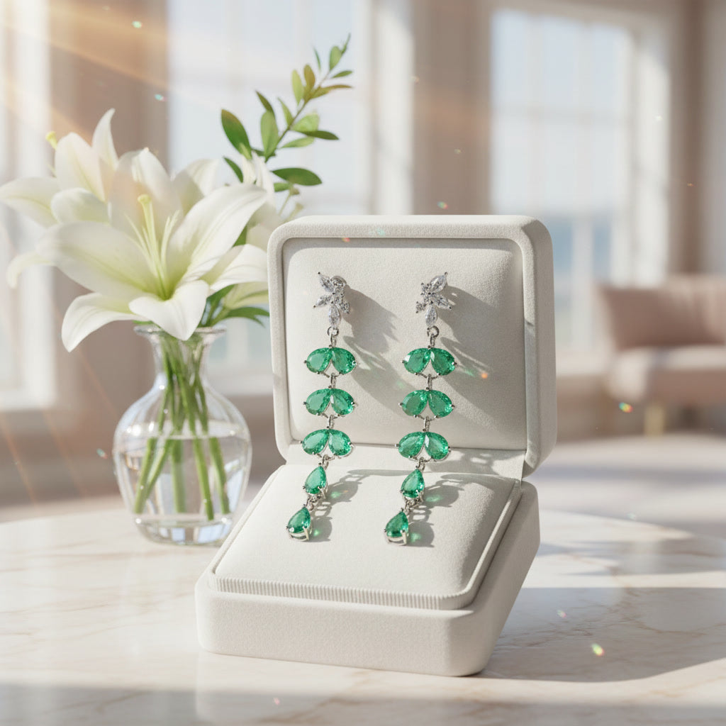 Natural Emerald Drop Dangle Leaflet Earrings 3x4mm