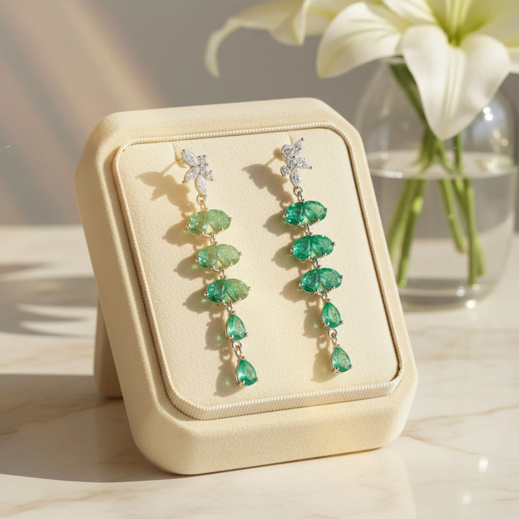 Natural Emerald Drop Dangle Leaflet Earrings 3x4mm