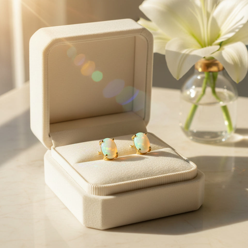 White Fire Opal Stud Earrings 5x7mm 925 Sterling Silver