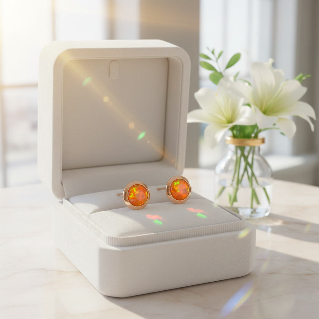 Orange Fire Opal Bezel Setting Stud Earrings 5mm, Orange Fire Opal Earrings