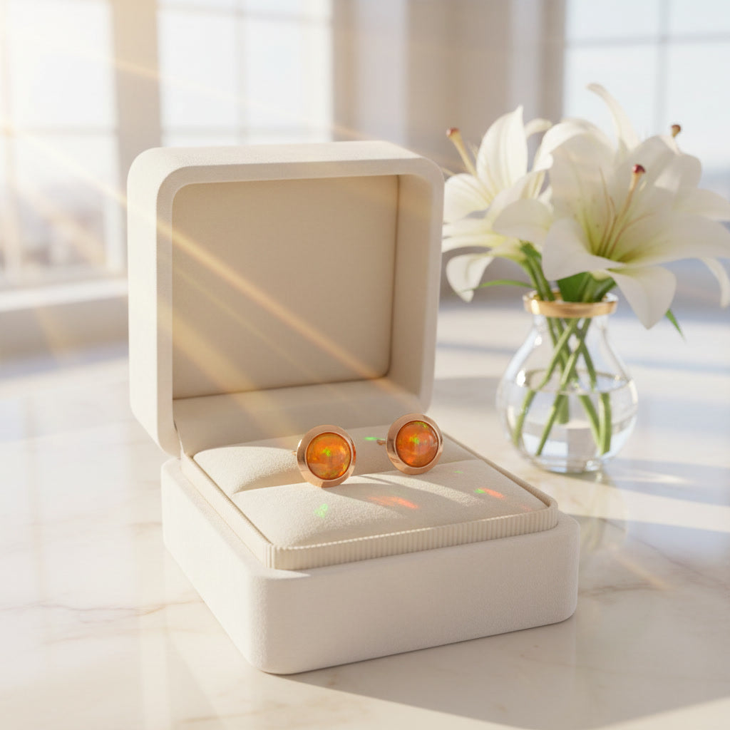 Orange Fire Opal Bezel Setting Stud Earrings 5mm, Orange Fire Opal Earrings