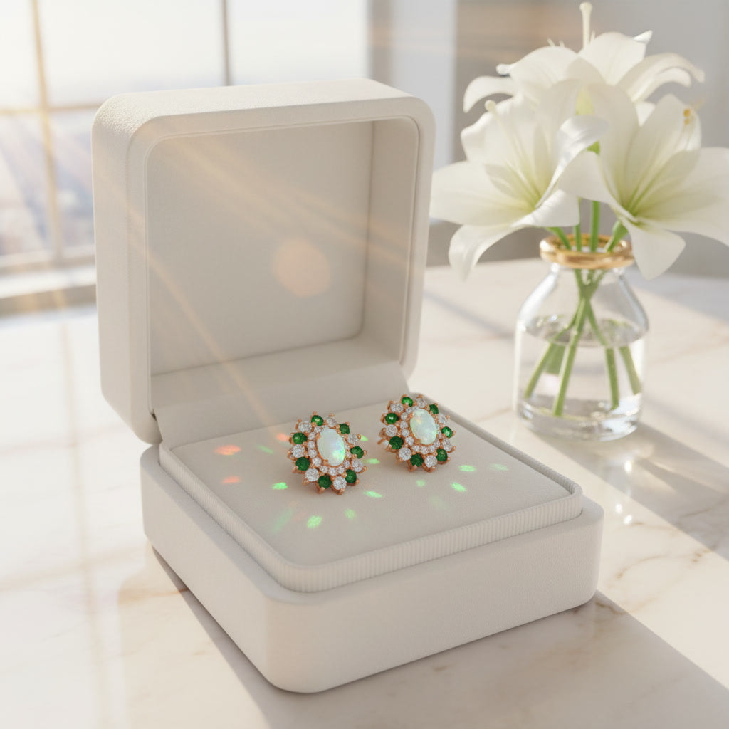 White Fire Opal and Chrome Diopside Flower Stud Earrings