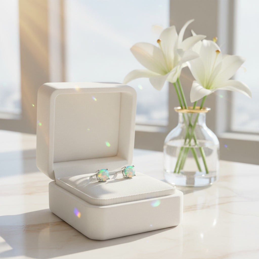 White Fire Opal Stud Earrings, Natural Opal 5x5mm Stud Earrings Sterling Silver