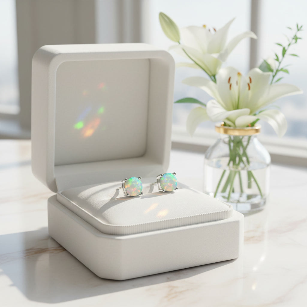 White Fire Opal Stud Earrings, Natural Opal 5x5mm Stud Earrings Sterling Silver