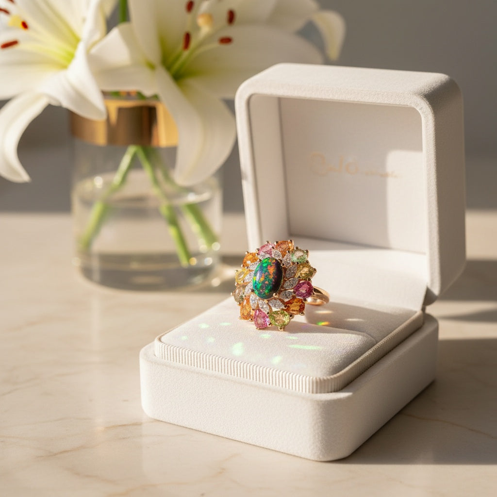 Natural Black Australian Fire Opal Ring with Multicolor Sapphires in 925 Sterling Silver