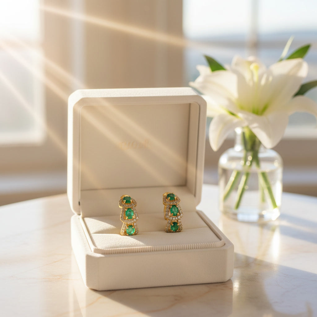 Natural Emerald Hoop Earrings 14k Gold Plated, Emerald Jewelry