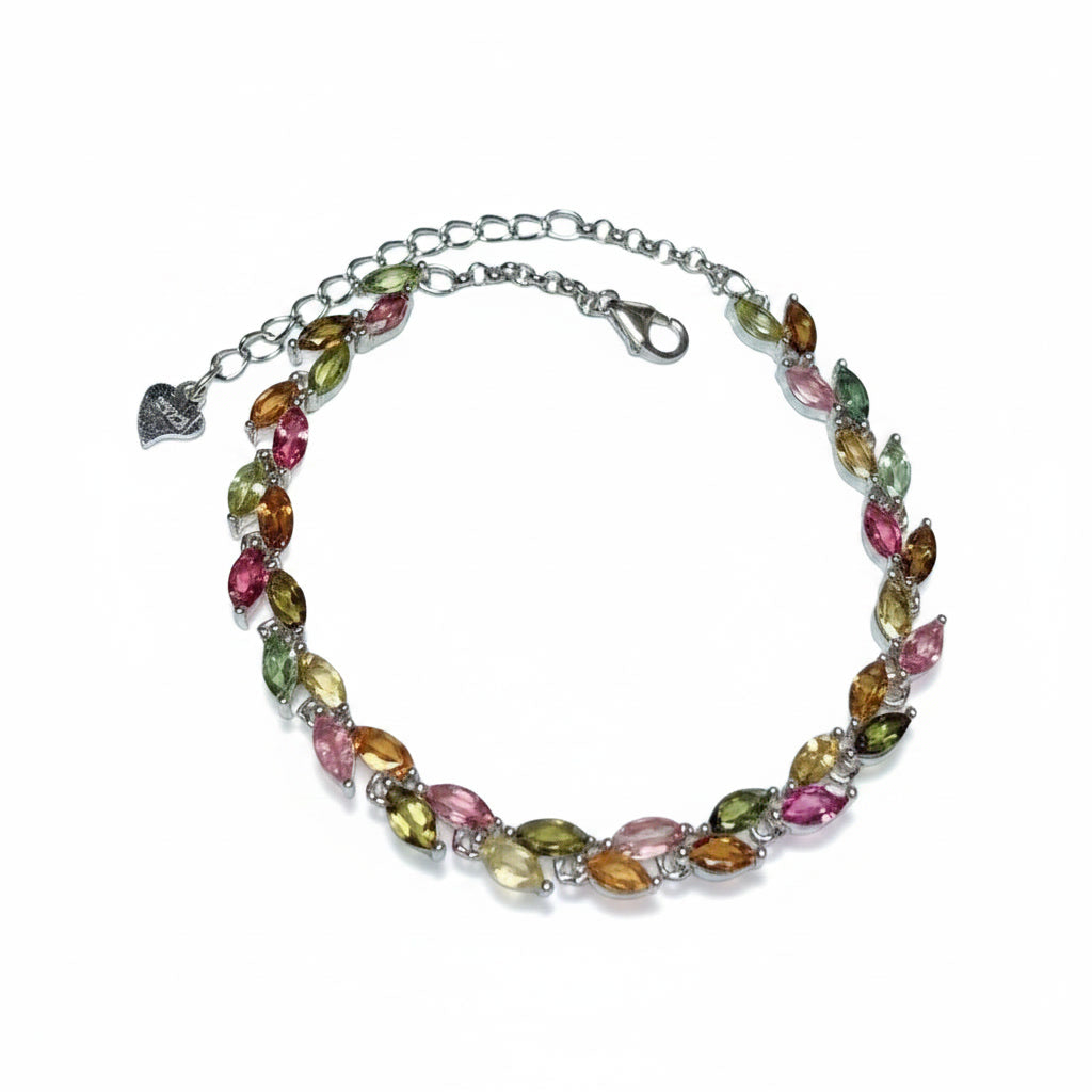 Natural Multi Tourmaline Bracelet with 2.5x5mm marquise colorful gemstones in 925 sterling silver with platinum plated finish by PHIMSERA