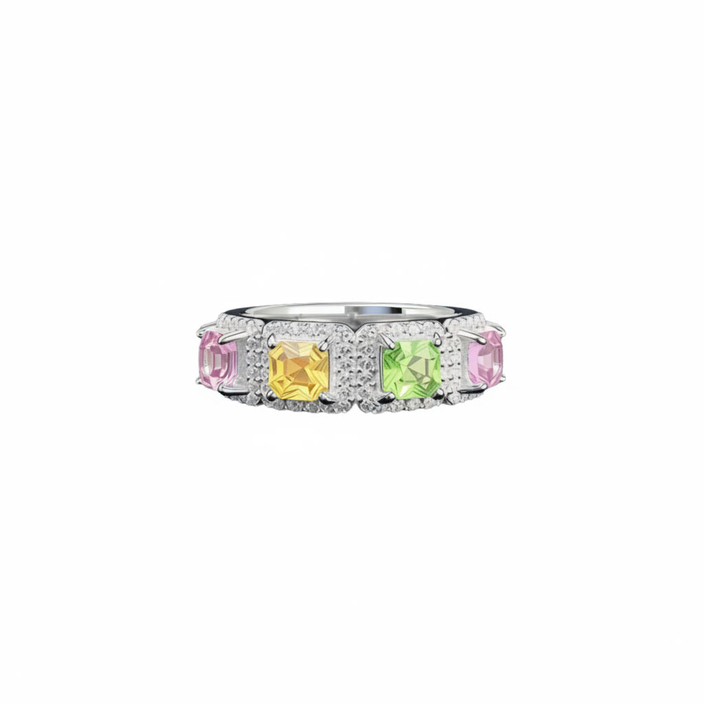 Natural Multi Tourmaline Band Ring with 3mm colorful gemstones and cubic zirconia accents in 925 sterling silver with platinum plated finish by PHIMSERA