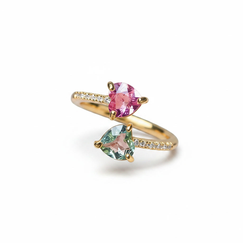 Natural Pink and Green Tourmaline Open Heart Ring with 5mm heart-cut gemstones and cubic zirconia accents in 925 sterling silver with platinum plated finish by PHIMSERA