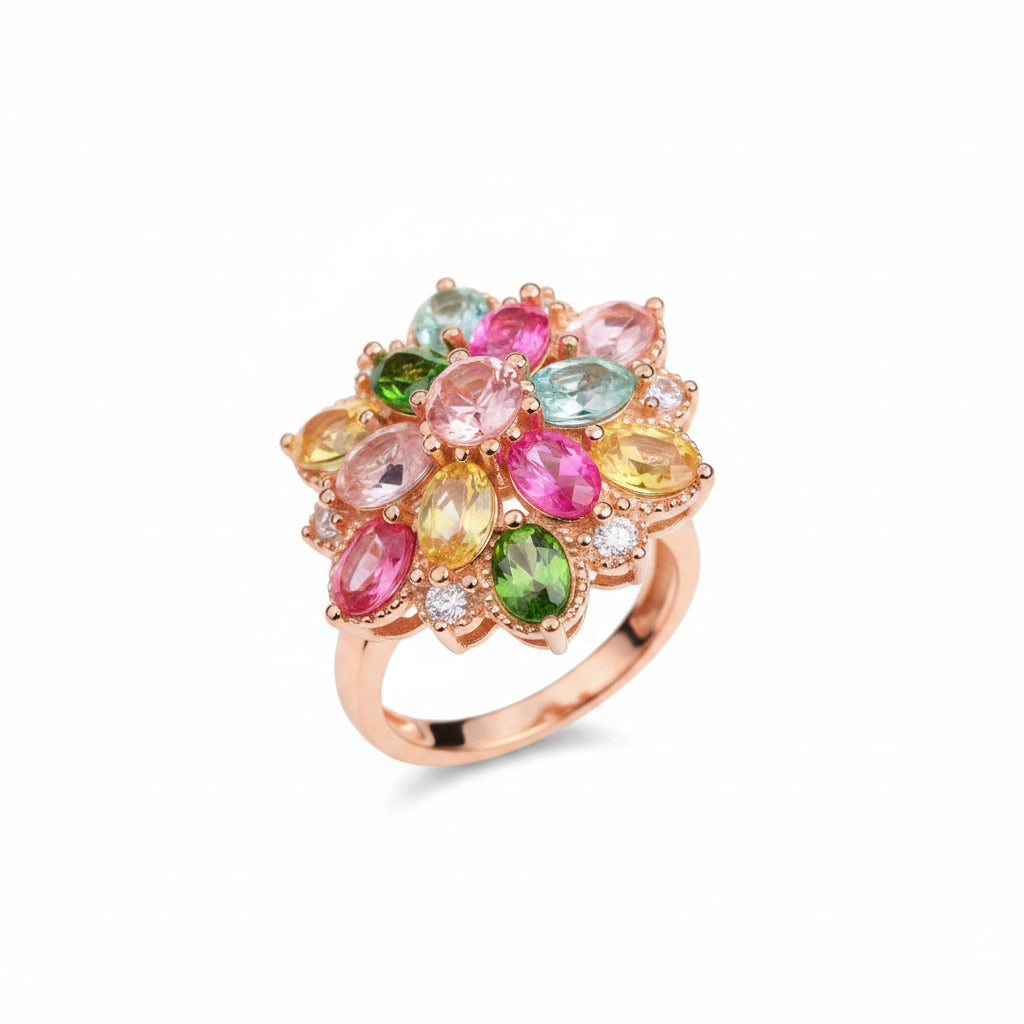 Natural Multi Tourmaline Floral Statement Ring with 3x4mm colorful gemstones and cubic zirconia accents in 925 sterling silver with platinum plated finish by PHIMSERA