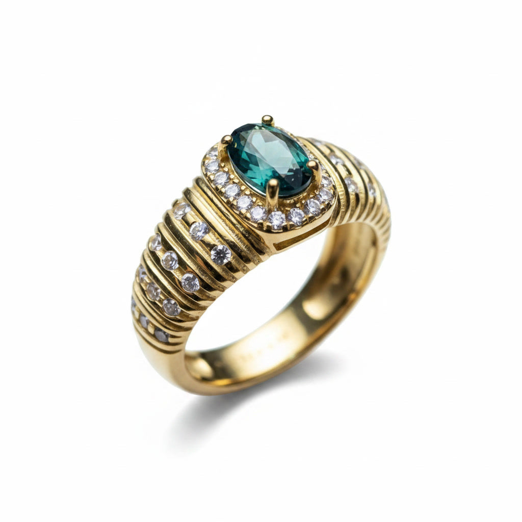 Natural Tourmaline Vintage Halo Ring with 4x6mm oval gemstone and cubic zirconia accents in 925 sterling silver with platinum plated finish by PHIMSERA