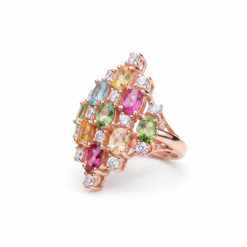 Natural Multi Tourmaline Cluster Statement Ring with 3x4mm colorful gemstones and cubic zirconia accents in 925 sterling silver with platinum plated finish by PHIMSERA