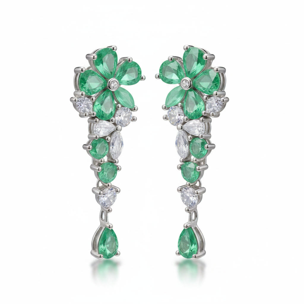 Colombian Emerald Flower Dangle Earrings, Women's Natural Emerald Earrings