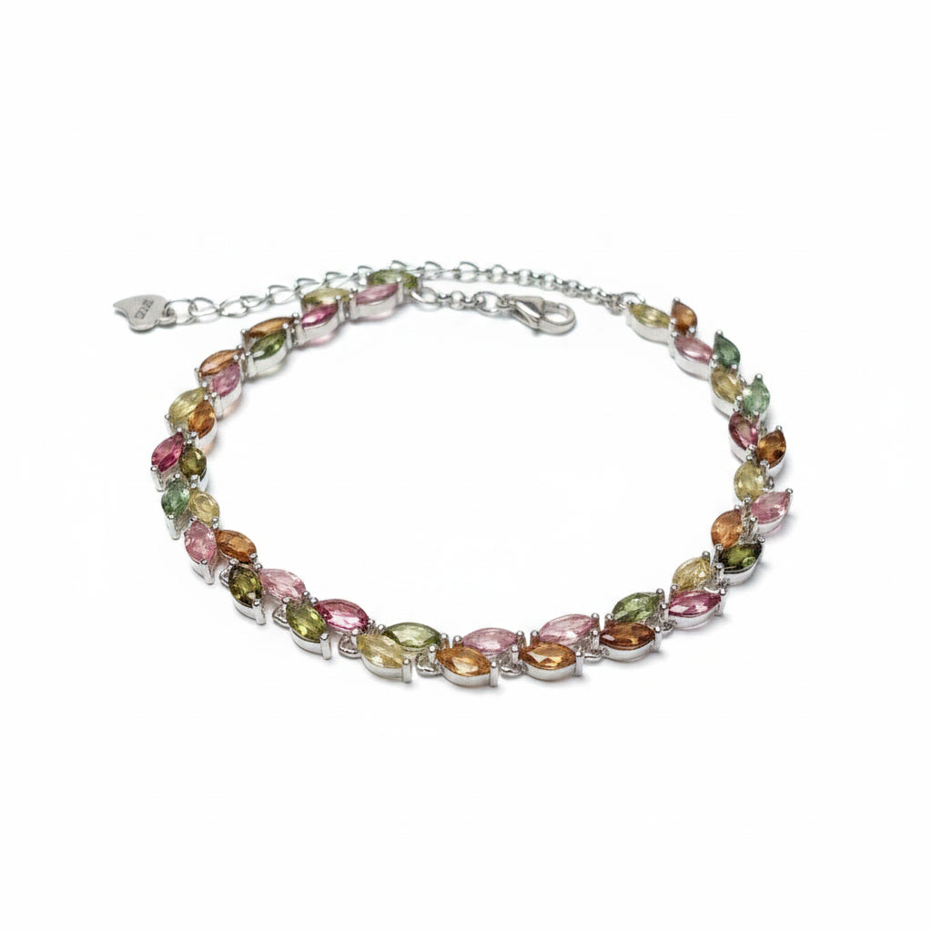 Natural Multi Tourmaline Bracelet with 2.5x5mm marquise colorful gemstones in 925 sterling silver with platinum plated finish by PHIMSERA